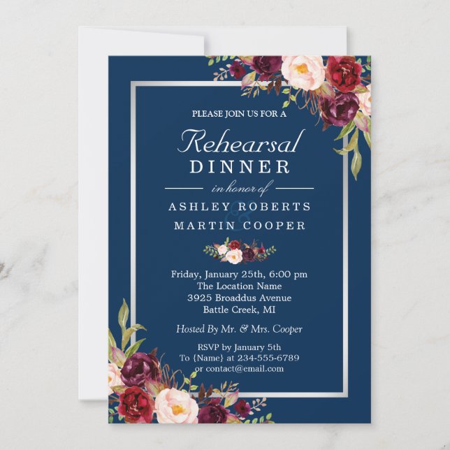 Invitation Dîner de répétition Mariage Floral Gris Burgundy (Devant)