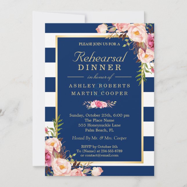 Invitation Dîner de répétition Mariage Floral Navy Blue Strip (Devant)