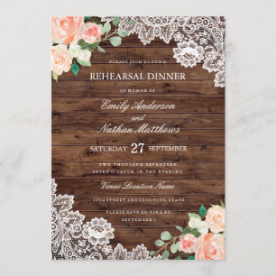 Invitation Dîner de répétition Mariage Floral Rustic Wood