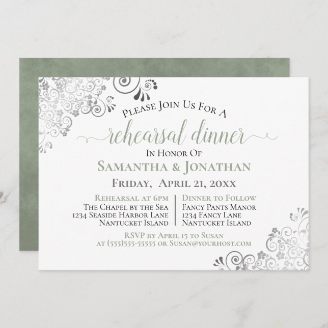 Invitation Dîner de répétition Mariage Frilly Elegant Sage Gr (Devant / Derrière)