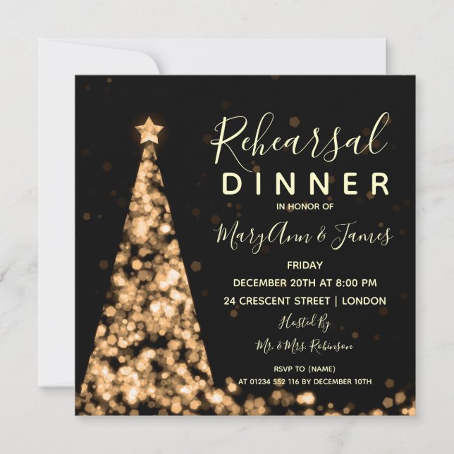Invitation Dîner de répétition Mariage Gold Christmas Tree (Devant)