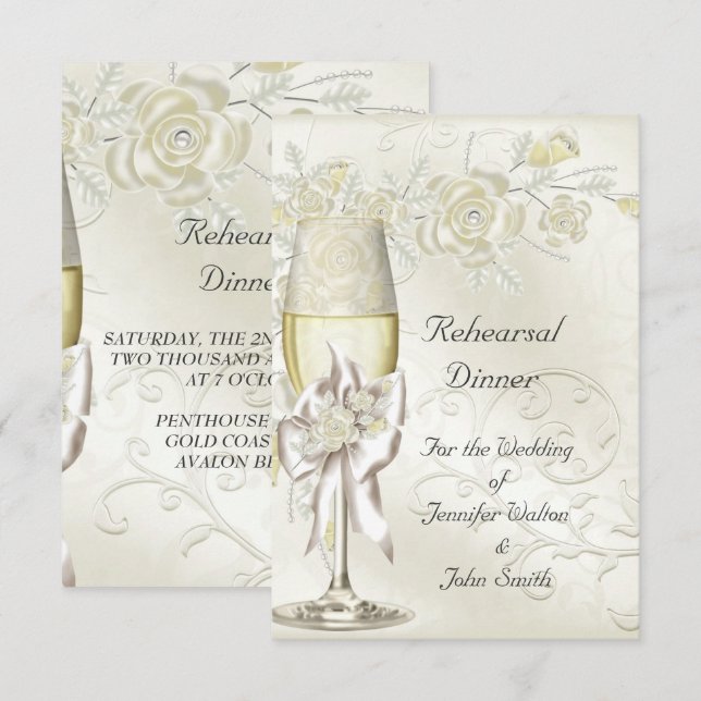 Invitation Dîner de répétition Mariage Gold Cream Pearl Flora (Devant / Derrière)