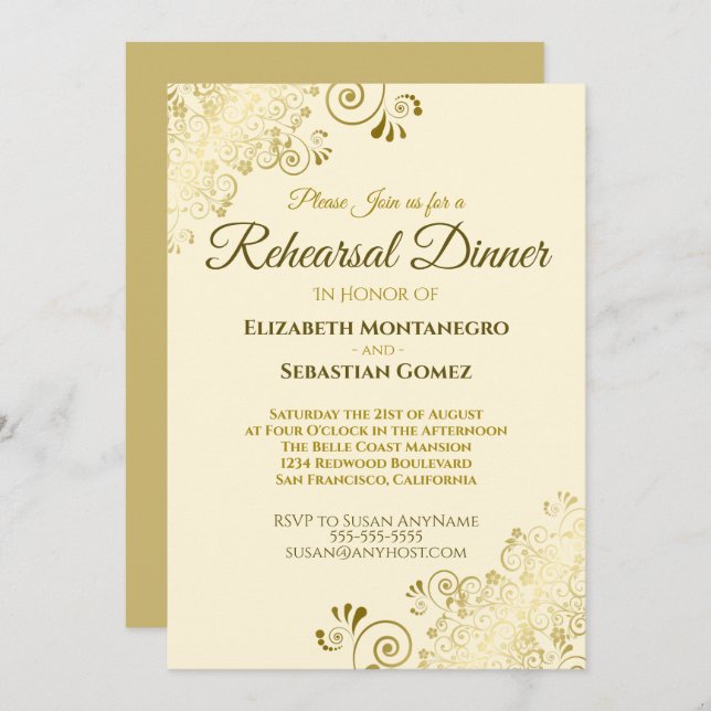 Invitation Dîner de répétition Mariage Gold Filigree Cream (Devant / Derrière)