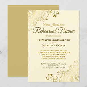 Invitation Dîner de répétition Mariage Gold Filigree Cream