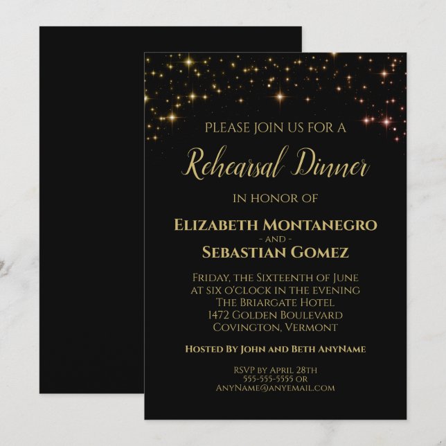 Invitation Dîner de répétition Mariage Gold Stars and Sparkle (Devant / Derrière)