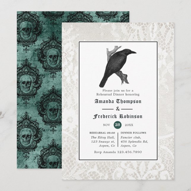 Invitation Dîner de répétition Mariage gothique crâne et dent (Devant / Derrière)