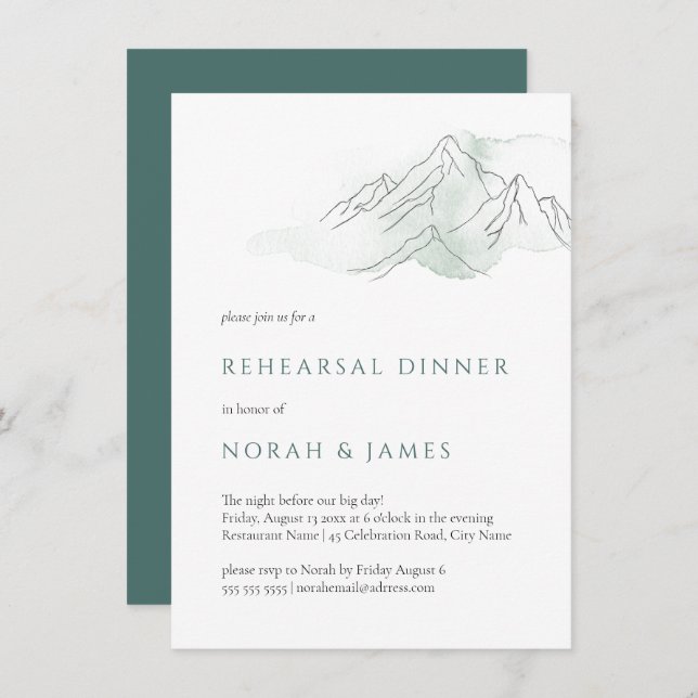 Invitation Dîner de répétition Mariage Green & White Mountain (Devant / Derrière)