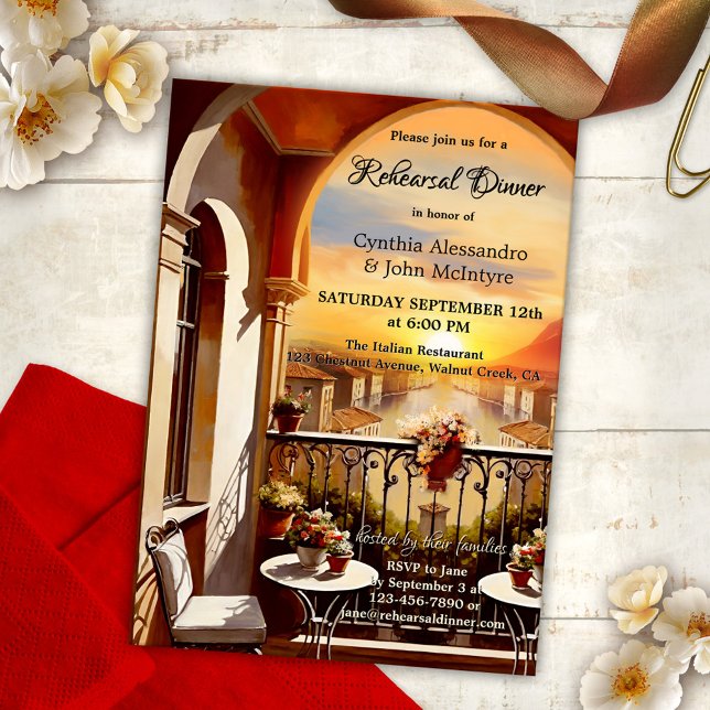 Invitation Dîner de répétition Mariage italien romantique (A romantic Rehearsal Dinner invitation featuring a fine art painting of an Italian balcony at sunset)