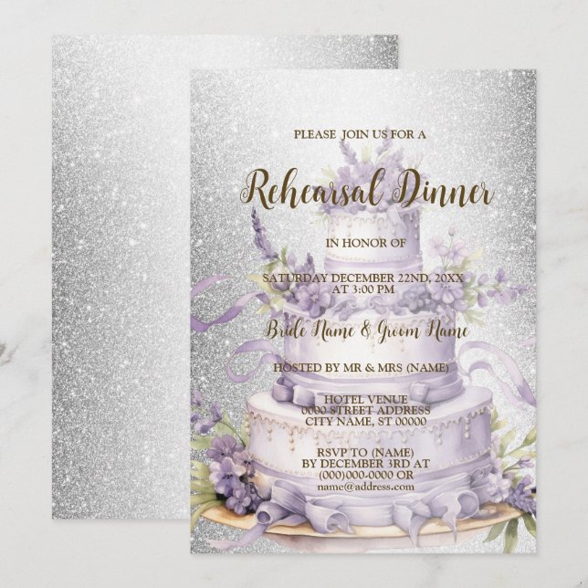 Invitation Dîner de répétition mariage Lavande de gâteau Flor (Devant / Derrière)