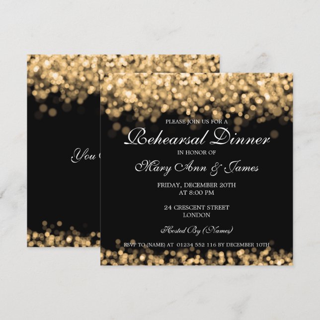 Invitation Dîner de répétition mariage Lumières d'or (Devant / Derrière)