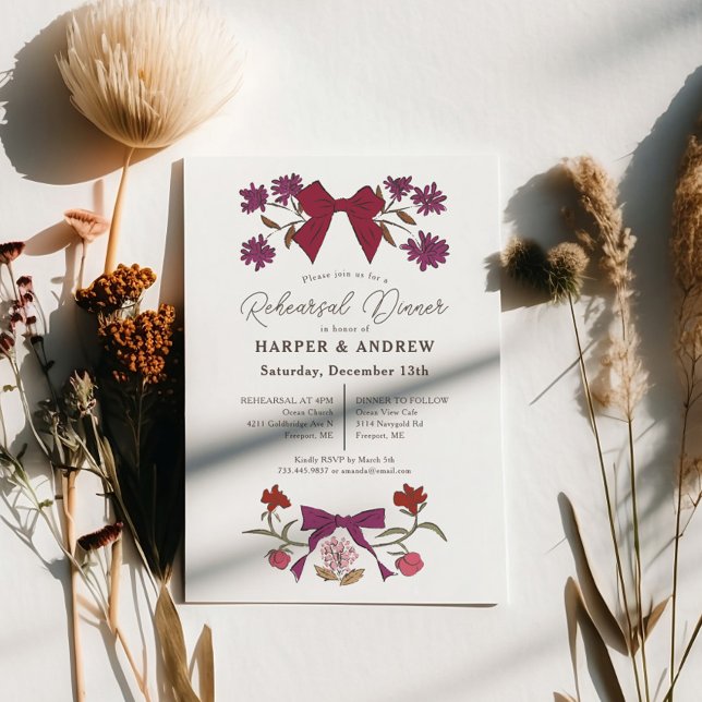 Invitation Dîner de répétition Mariage Magenta Bows Blossom (Créateur téléchargé)
