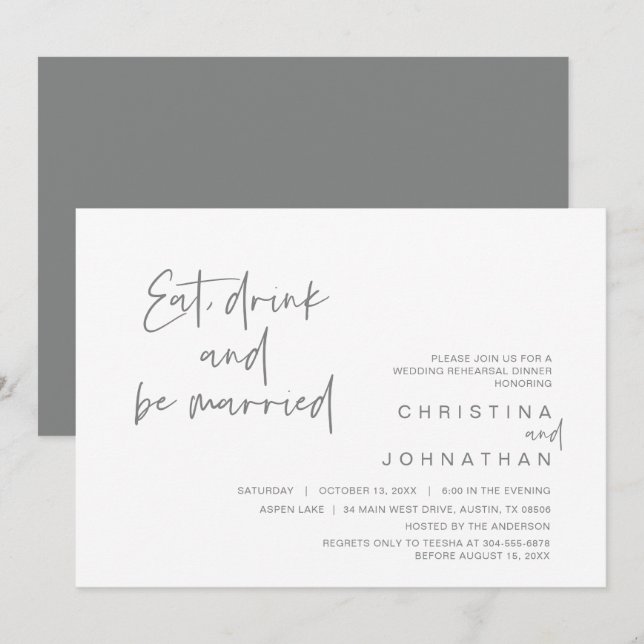 Invitation Dîner de répétition mariage, manger boire et être  (Devant / Derrière)
