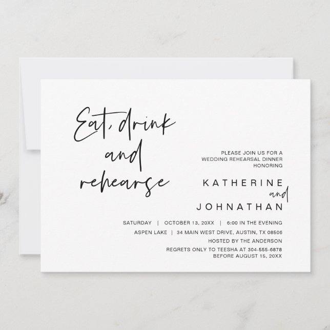 Invitation Dîner de répétition mariage, manger, boire et répé (Devant)