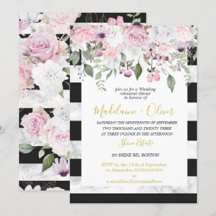 Invitation Dîner de répétition mariage Marbre floral Noir Chi