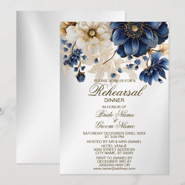 Invitation Dîner de répétition mariage Marine Bleu Blanc Flor (Devant / Derrière)