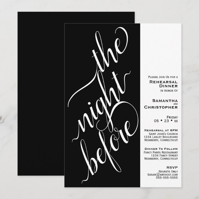 Invitation Dîner de répétition Mariage minimum 2 volets Noir (Devant / Derrière)