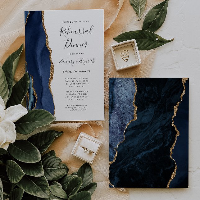 Invitation Dîner de répétition Mariage moderne Blue Gold Agat (Créateur téléchargé)