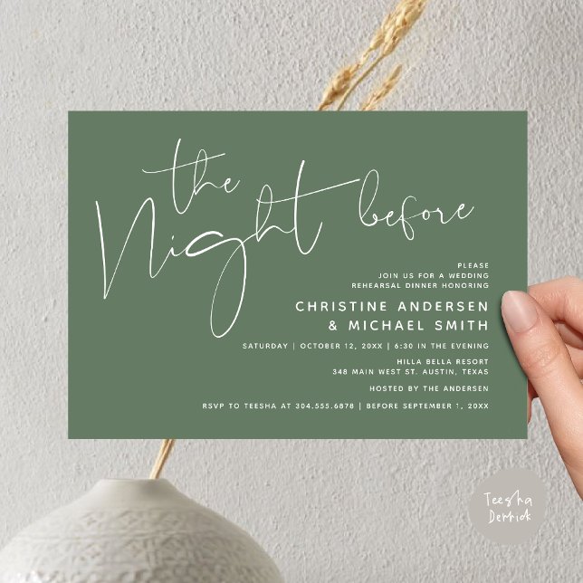 Invitation Dîner De Répétition Mariage Moderne, La Nuit Avant (Modern Wedding Rehearsal Dinner, The Night Before Invitation Card Minimalist Beautiful Sage Green)