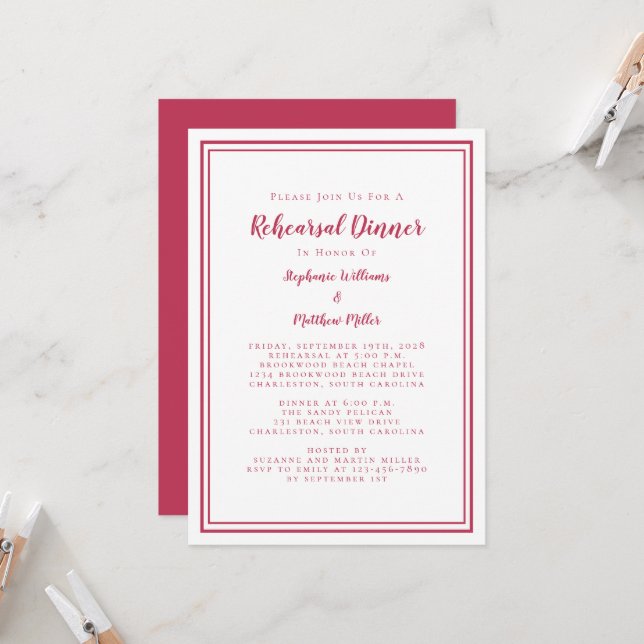 Invitation Dîner de répétition mariage Moderne Simple Magenta (Devant/Arrière en situation)