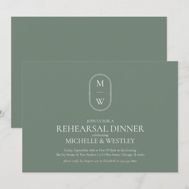 Invitation Dîner de répétition Mariage Monogram Sage Green (Devant / Derrière)