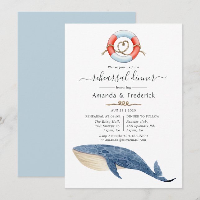 Invitation Dîner de répétition Mariage nautique de baleine (Devant / Derrière)