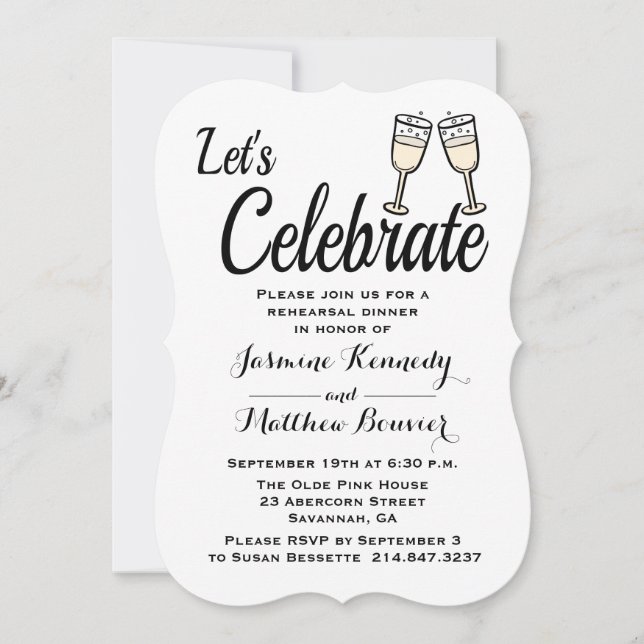 Invitation Dîner de répétition Mariage noir blanc Champagne (Devant)