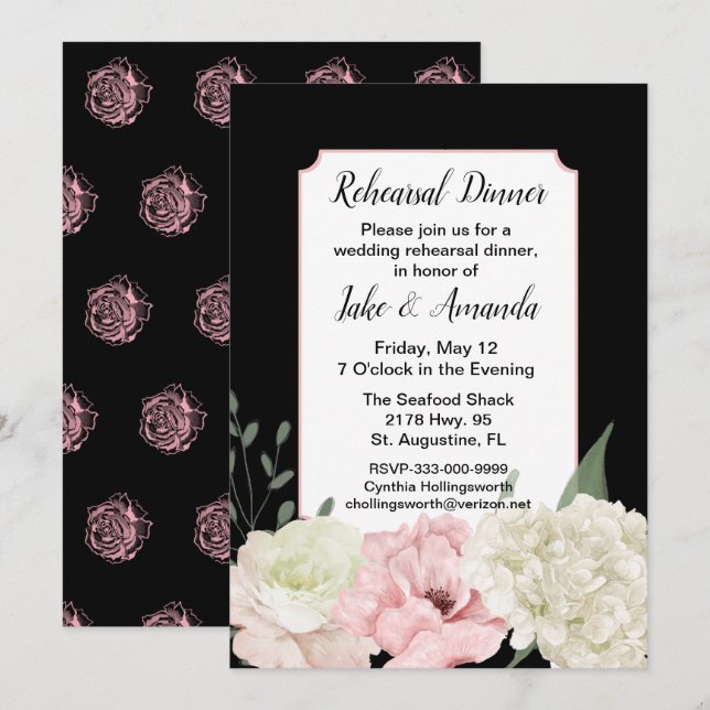 Invitation Dîner de répétition Mariage noir chic (Devant / Derrière)