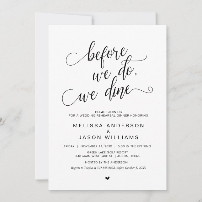 Invitation Dîner de répétition Mariage, noir classique, (Devant)