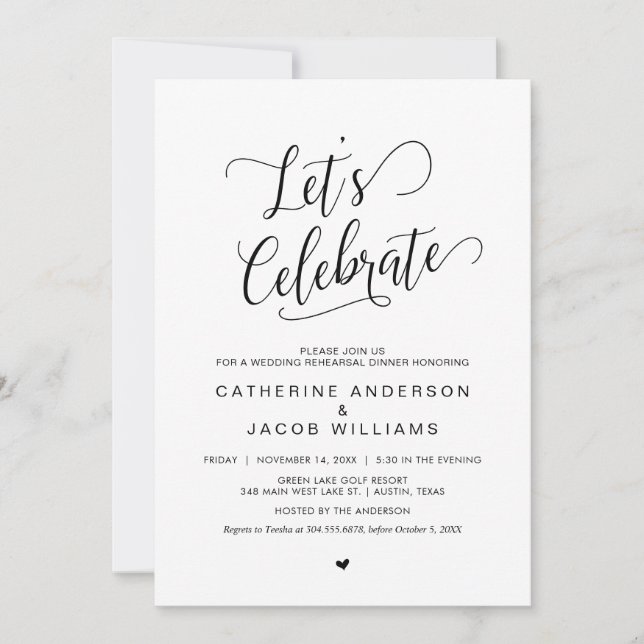 Invitation Dîner de répétition Mariage, noir classique, (Devant)