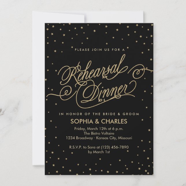 Invitation Dîner de répétition Mariage noir et or élégant (Devant)