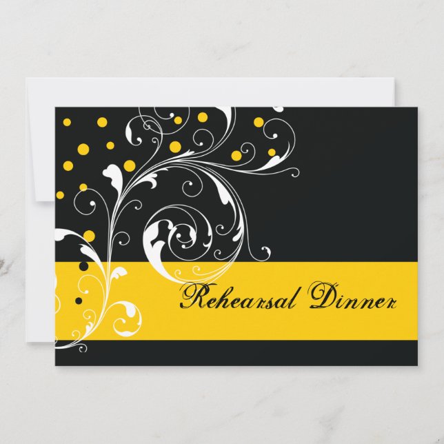 Invitation Dîner de répétition mariage noir, jaune (Devant)