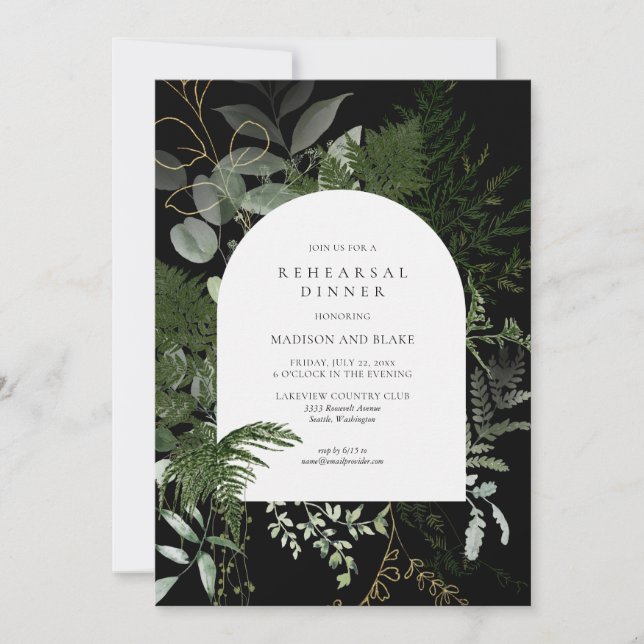 Invitation Dîner de répétition Mariage noir Wild Fern Greener (Devant)