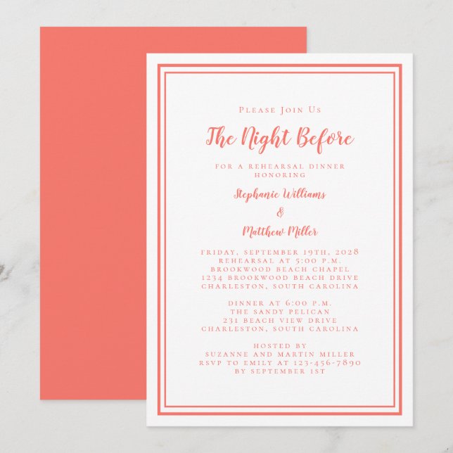 Invitation Dîner de répétition Mariage Nuit avant Coral Blanc (Devant / Derrière)
