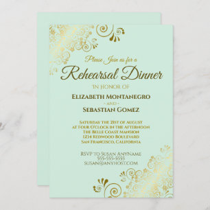 Invitation Dîner de répétition Mariage Ornate Gold & Mint Gre