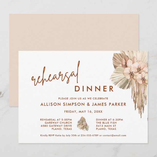 Invitation Dîner de répétition Mariage Pampas Grass Boho (Devant / Derrière)