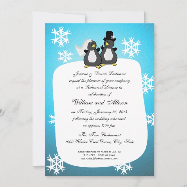 Invitation Dîner de répétition Mariage Penquin (Devant)