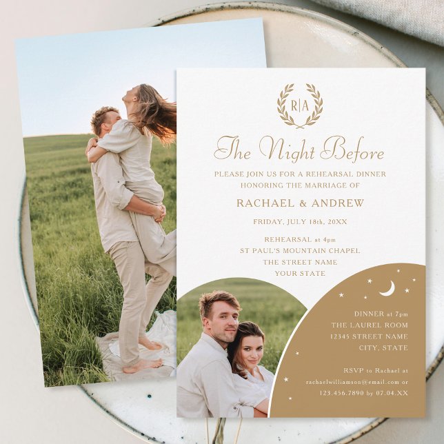 Invitation Dîner de répétition mariage Photo Monogram Gold Wh (Créateur téléchargé)