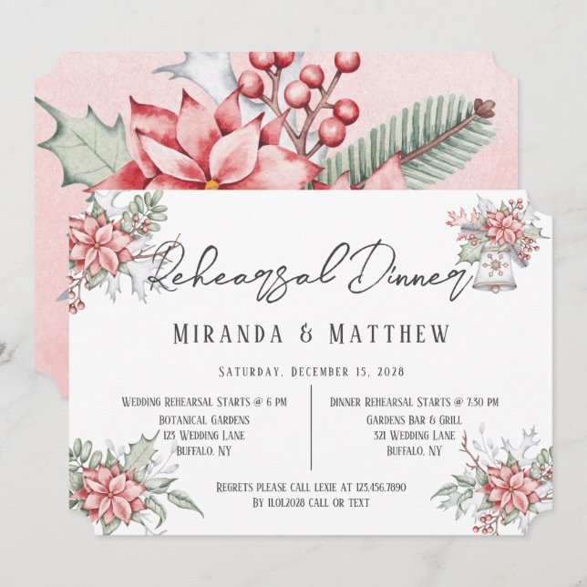 Invitation Dîner de répétition Mariage Poinsettia peint (Devant / Derrière)
