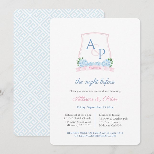 Invitation Dîner de répétition Mariage Preppy Pink Blue Crest (Devant / Derrière)