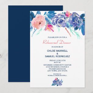 Invitation Dîner de répétition Mariage Rose Bouquet Blue Peac