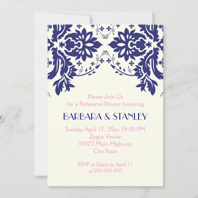 Invitation Dîner de répétition mariage rose Damask bleu marin (Devant)