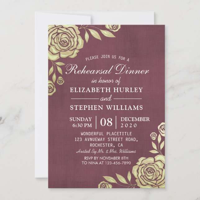 Invitation Dîner de répétition mariage Rose d'or Bourgogne ro (Devant)