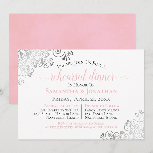 Invitation Dîner de répétition Mariage rose et élégant (Devant / Derrière)