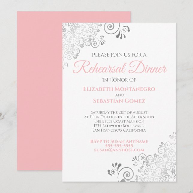 Invitation Dîner de répétition Mariage rose et gris (Devant / Derrière)