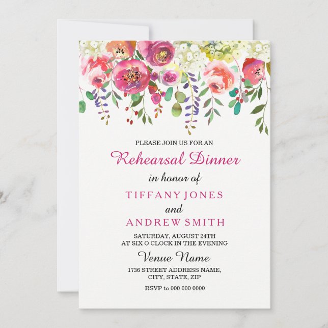 Invitation Dîner de répétition mariage rose fleur de printemp (Devant)