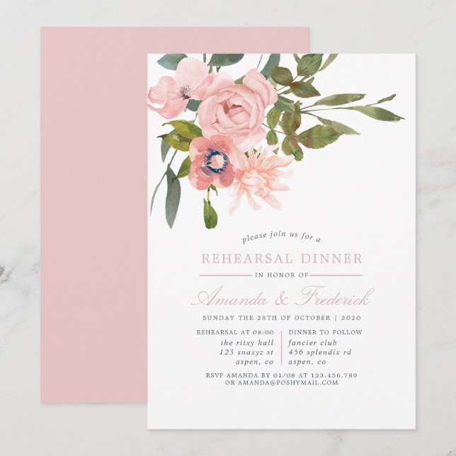 Invitation Dîner de répétition Mariage rose pâle (Devant / Derrière)