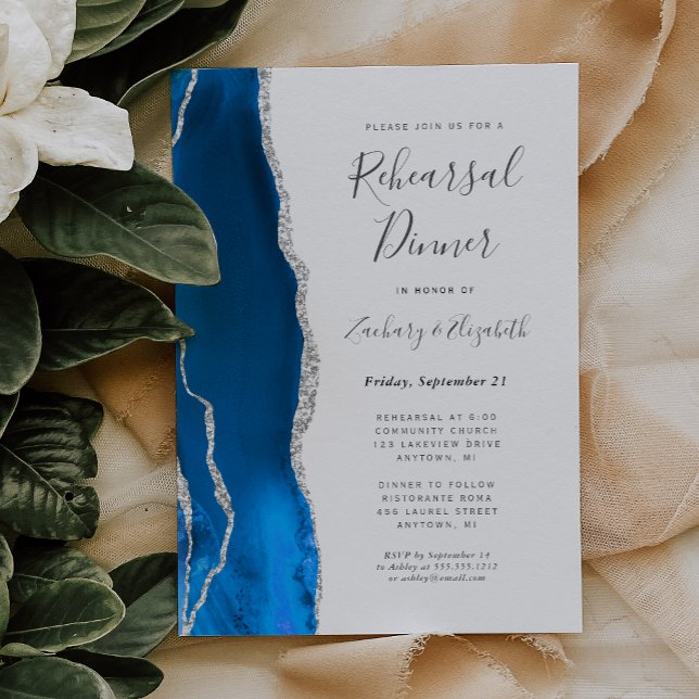 Invitation Dîner de répétition Mariage Royal Blue Silver Agat (Créateur téléchargé)