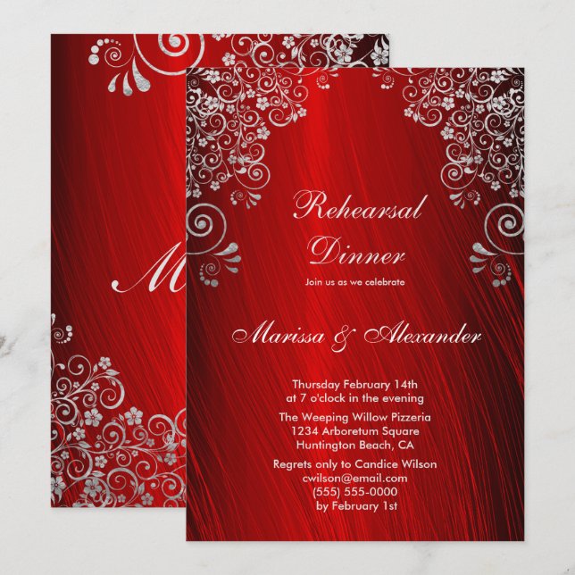 Invitation Dîner de répétition Mariage Ruby Silver (Devant / Derrière)
