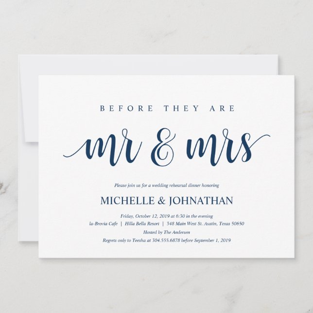 Invitation Dîner de répétition Mariage rustique, bleu marine (Devant)