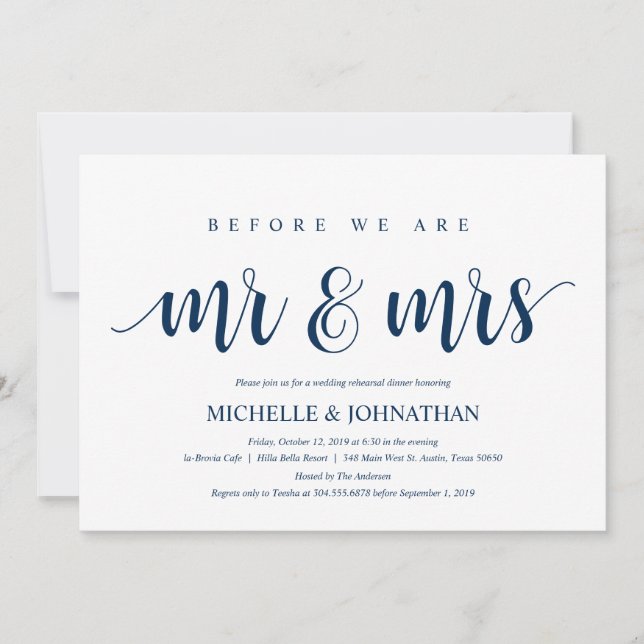 Invitation Dîner de répétition Mariage rustique, bleu marine (Devant)